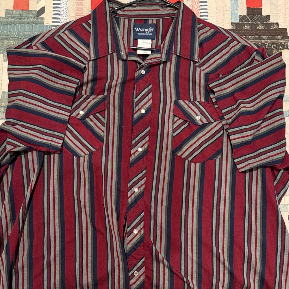 Wrangler Men's Burgundy and Gray Striped Button Down Shirt
